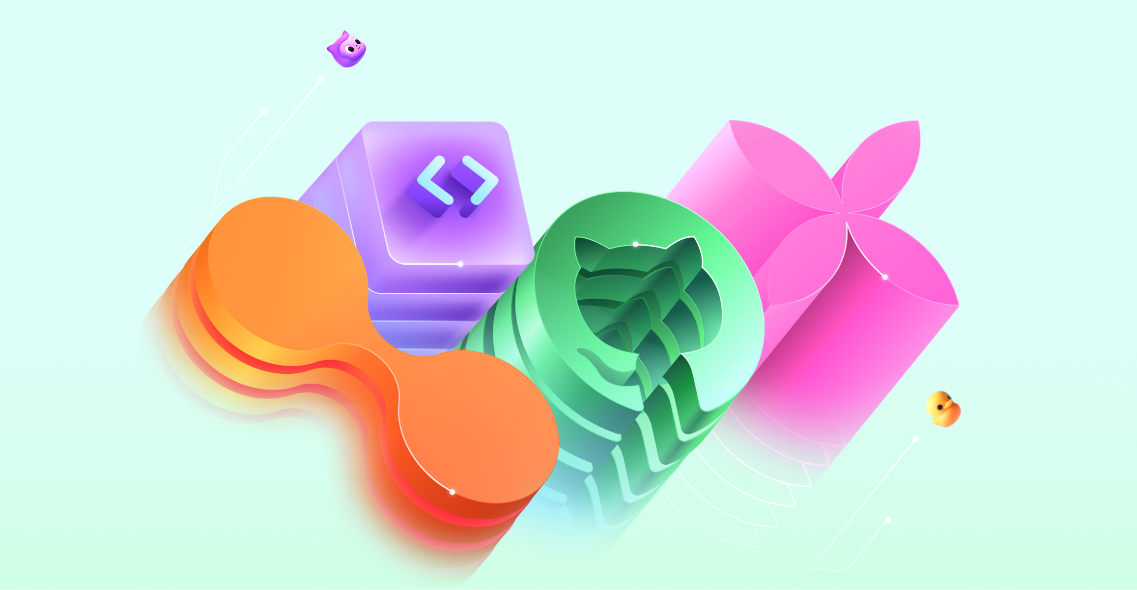 All three GitHub Mascots, Mona the Octocat, Hubot, and Copilot, plus some plant life comprised of gitlines.